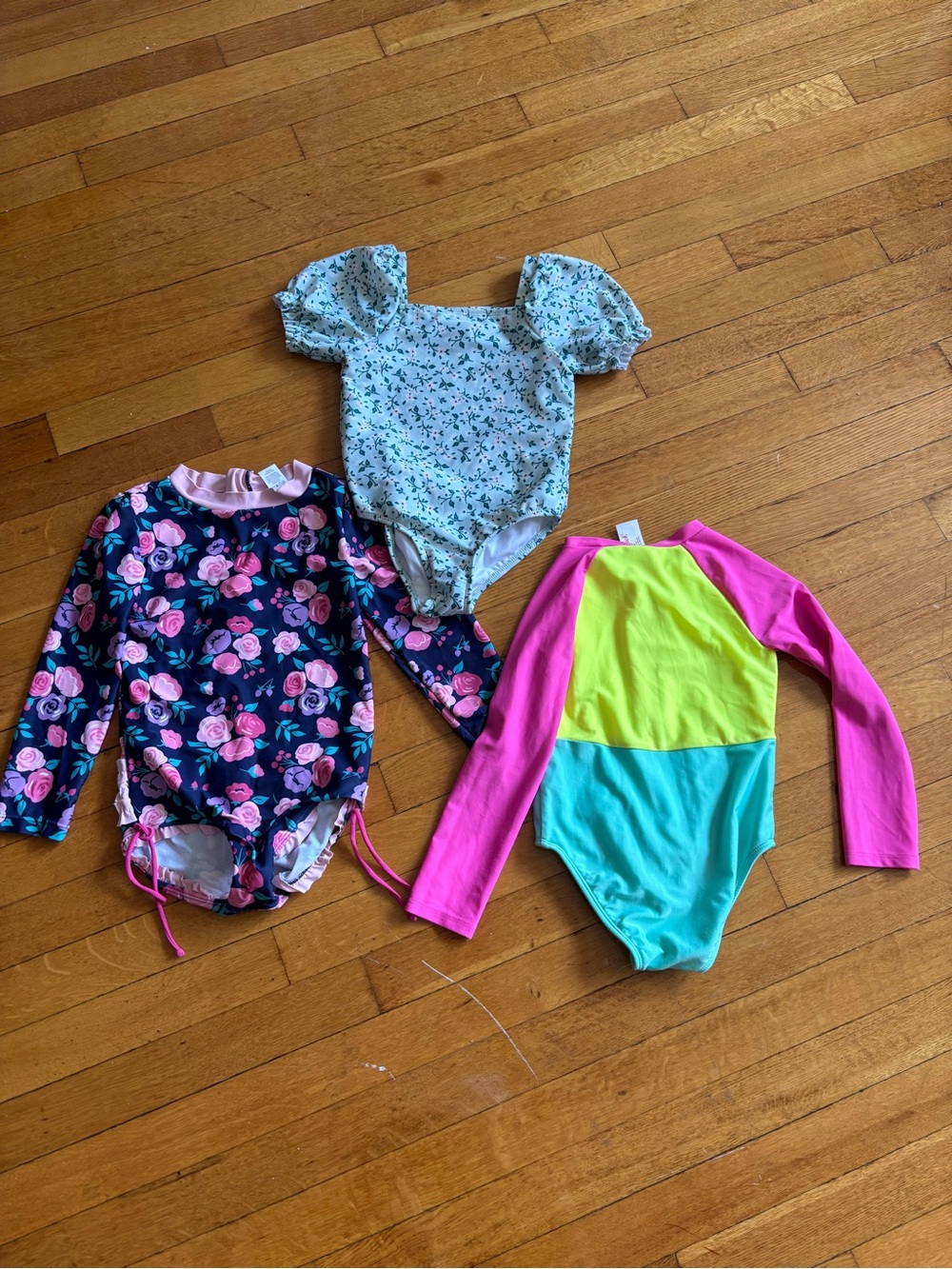 Girls Colorblock and Floral One-Piece Swimsuits - Pink, Aqua & Navy